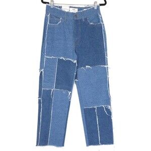 Cotton On NEW Jeans Size 6 Women Loose Straight Patchwork Blue Frayed Hem